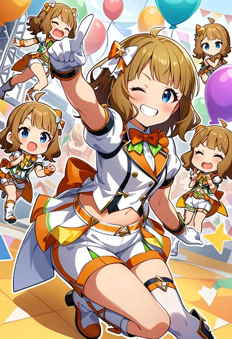 masterpiece, best quality, very aesthetic, absurdres, 1girl, suou momoko, triangle circle, millitheater, smile, one eye closed, idol, ahoge, blue eyes, thighhighs, grin, looking at viewer, idol clothes, boots, short sleeves, blush, navel, short hair, chibi, brown hair, white footwear, hair ornament, multiple views, frills, ball, index finger raised, blonde hair, orange bow, hair bow, thigh strap, white legwear, single thighhigh, puffy sleeves, long hair, standing on one leg, asymmetrical legwear, standing, open mouth, white bow, midriff, closed eyes, pointing, eyebrows visible through hair, uneven legwear, leg up, wavy hair, sitting, orange neckwear, blunt bangs, closed mouth, teeth, white jacket, striped, yellow bow, outline, knee boots, cube, holding, stage, arm up, medium hair, balloon, hand up, white shirt, collared shirt, puffy short sleeves, orange bowtie, green neckwear, yellow neckwear, back bow, hair ribbon, star hair ornament, white shorts, short shorts, white gloves <lora:suou_momoko_sdxl_locon_ani31_v1:0.7>