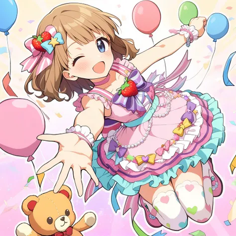 1girl, suou momoko, wonderful decoration, brown hair, wrist cuffs, mary janes, one eye closed, hair ribbon, heart balloon, white legwear, outstretched arm, stuffed toy, striped ribbon, balloon, eyebrows visible through hair, jewelry, star (symbol), teddy bear, thighhighs, print legwear, heart print, star print, macaron, blue eyes, open mouth, frills, confetti, pink footwear, smile, purple bow, light brown hair, collarbone, stuffed animal, heart, multicolored, sleeveless, outline, streamers, ;d, looking at viewer, short hair, shoes, food-themed hair ornament, blush, multicolored clothes, pink dress, sleeveless dress, frilled dress, pink bow, hair bow, strawberry hair ornament, star hair ornament, heart hair ornament, pink choker, striped bow, skirt bow, yellow bow, strawberry ornament, star ornament, beads, back bow, aqua waist ribbon, heart ornament, layerd skirt, green skirt, polka dot skirt, purple skirt, striped skirt, aqua skirt, multicolored skirt, masterpiece, best quality <lora:suou_momoko_sdxl_v1:0.7>