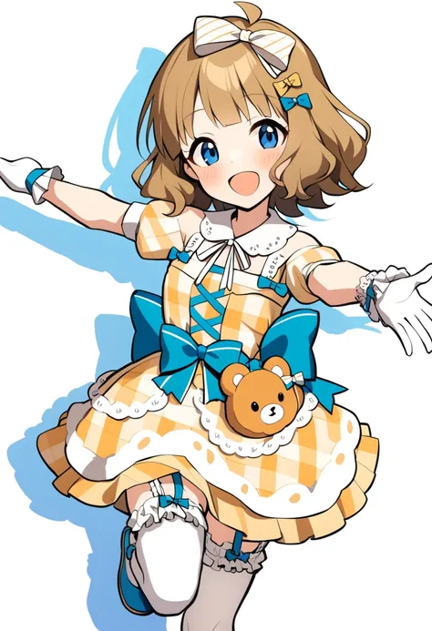 1girl, suou momoko, charmy-angle, looking at viewer, blue bow, frills, striped bow, head tilt, smile, frilled dress, thighhighs, white thighhighs, simple background, hair ornament, shoes, frilled sleeves, dress bow, cross-laced clothes, blue eyes, wrist cuffs, puffy short sleeves, polka dot bow, detached sleeves, leg up, short sleeves, solo, white gloves, bow legwear, brown hair, bow print, holding, white background, blunt bangs, standing on one leg, outstretched arms, yellow dress, ahoge, plaid dress, :d, layered dress, blue footwear, collared dress, spread arms, off shoulder, white bow, hair bow, wavy hair, bag, animal bag, white neckwear, light brown hair, medium hair, standing, blue ribbon, handbag, blush, neck ribbon, short hair, yellow bow, diagonal-striped bow, white collar, bear print, shadow, hair ribbon, bare shoulders, frilled thighhighs, orange dress, garter straps, open mouth, frilled bow, print skirt, detached collar, bear shaped bag, back bow, puffy sleeves, masterpiece, best quality <lora:suou_momoko_sdxl_locon_v1_1:0.7>