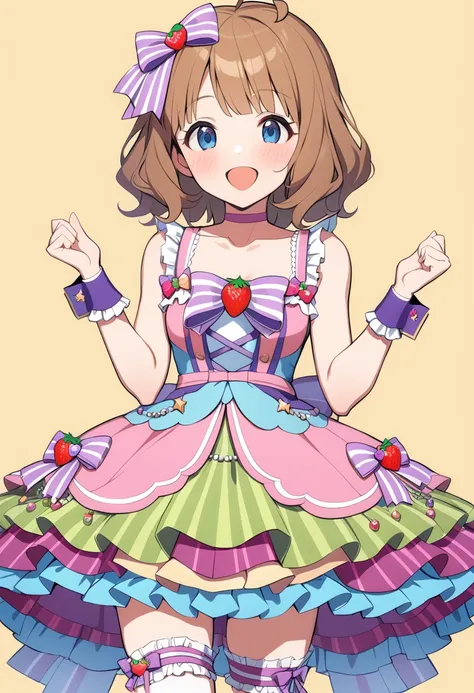 1girl, suou momoko, wonderful decoration, brown hair, wrist cuffs, frilled legwear, white legwear, multicolored dress, :d, jewelry, eyebrows visible through hair, thighhighs, leg garter, blue eyes, open mouth, frills, hands up, cowboy shot, layered skirt, smile, ahoge, purple bow, medium hair, standing, simple background, light brown hair, collarbone, zettai ryouiki, purple dress, bracelet, multicolored, sleeveless, wavy hair, layered dress, bare shoulders, yellow background, food-themed hair ornament, looking at viewer, short hair, blue bow, blush, multicolored clothes, pink dress, sleeveless dress, frilled dress, pink bow, hair bow, strawberry hair ornament, star hair ornament, heart hair ornament, pink choker, striped bow, skirt bow, yellow bow, strawberry ornament, star ornament, beads, back bow, aqua waist ribbon, heart ornament, layerd skirt, green skirt, polka dot skirt, purple skirt, striped skirt, aqua skirt, multicolored skirt, masterpiece, best quality <lora:suou_momoko_sdxl_locon_v1_1:0.7>
