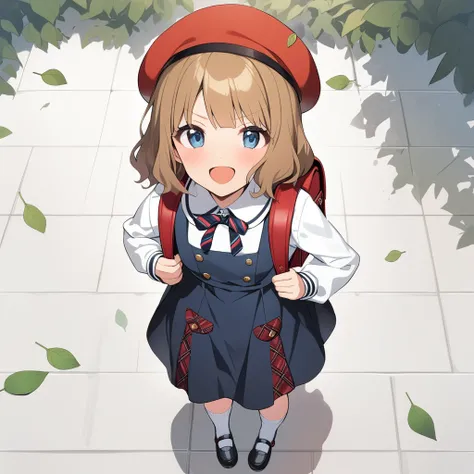 1girl, suou momoko, es-mate, white legwear, light brown hair, 1girl, looking at viewer, smile, open mouth, blue dress, hat, mary janes, blue eyes, blush, pinafore dress, sleeveless, eyebrows visible through hair, socks, black dress, school uniform, striped bow, grey background, red bag, striped, beret, short hair, striped neckwear, holding strap, red headwear, :d, white shirt, full body, long sleeves, brown hair, v-shaped eyebrows, neck ribbon, sleeveless dress, backpack, white background, shoes, standing, randoseru, collared shirt, black footwear, leaf, white socks, ribbon, solo, diagonal-striped neck ribbon, from above, tile floor, outdoors, masterpiece, best quality <lora:suou_momoko_sdxl_v1:0.7>
