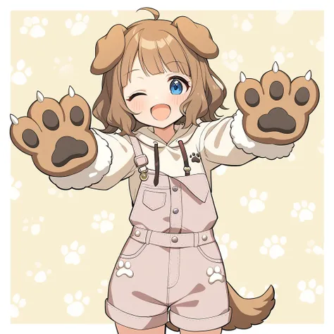 1girl, suou momoko, wanwan wanderful, animal ears, one eye closed, dog ears, blue eyes, open mouth, brown hair, animal hands, smile, dog tail, overalls, paw gloves, ahoge, looking at viewer, ;d, hood, overall shorts, eyebrows visible through hair, dog girl, paw print, short hair, long sleeves, hoodie, blush, hood down, cowboy shot, drawstring, dog paws, hands up, wavy hair, two-tone background, yellow background, blunt bangs, paw print background, medium hair, standing, brown gloves, dog costume, outstretched arms, pocket, child, brown background, fur-trimmed gloves, suspenders, bone print , masterpiece, best quality <lora:suou_momoko_sdxl_v1:0.7>