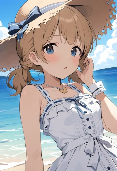 1girl, suou momoko, pure one-piece, bare arms, blue eyes, twintails, blush, bare shoulders, sleeveless, white background, braid, frills, eyebrows visible through hair, white ribbon, upper body, hat bow, brown hair, blue ribbon, hand on own face, hat, :o, low twintails, blonde hair, white bow, ribbon trim, small breasts, long hair, hand in hair, light brown hair, jewelry, hand up, brown headwear, hat ribbon, straw hat, collarbone, sun hat, parted lips, looking at viewer, short hair, short twintails, ribbon-trimmed clothes, butterfly necklace, white dress, sleeveless dress, frilled dress, sundress, ribbon-trimmed dress, center frills, cross-laced clothes, wrist cuffs, outdoors, blue sky, cloud, ocean, beach, masterpiece, best quality <lora:suou_momoko_sdxl_v1:0.7>