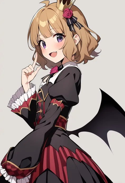 1girl, suou momoko, melty fang, demon wings, blue eyes, black bow, vertical stripes, red bow, black wings, open mouth, grey background, looking at viewer, frilled sleeves, smile, red flower, wide sleeves, pink rose, medium hair, brown hair, ahoge, index finger raised, blush, red rose, argyle, striped bow, simple background, looking to the side, hair bow, hair ornament, long sleeves, from side, eyebrows visible through hair, wavy hair, bat wings, upper body, cowboy shot, purple eyes, pink flower, skin fang, :d, hand up, puffy sleeves, fang, short hair, frills, blonde hair, black dress, frilled dress, puffy long sleeves, juliet sleeves, checkered sash, red sash, striped clothes, mini crown, hair flower, tilted headwear, hair ribbon, black ribbon, striped ribbon, black neckwear, neck ribbon, neck flower, layerd skirt, black skirt, red skirt, masterpiece, best quality <lora:suou_momoko_sdxl_locon_v1_1:0.7>