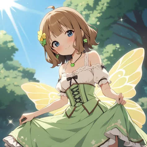 1girl, suou momoko, tales-of-fairyland, 1girl, blue eyes, hair ornament, smile, brown hair, hair flower, blush, jewelry, short hair, skirt hold, looking at viewer, necklace, outdoors, collarbone, sparkle, fairy wings, day, green dress, puffy sleeves, short sleeves, bare shoulders, tree, head tilt, closed mouth, blunt bangs, ahoge, puffy short sleeves, green flower, sunlight, frills, sky, fairy, dutch angle, medium hair, standing, german clothes, blue sky, corset, yellow flower, green skirt, detached sleeves, dirndl, wavy hair, butterfly wings, off shoulder, green rose, rose, light rays, black bow, off-shoulder dress, yellow wings, clover, frilled dress, sidelocks, cowboy shot, cross-laced clothes, four-leaf clover, blurry background, earrings, small breasts, masterpiece, best quality <lora:suou_momoko_sdxl_v1:0.7>