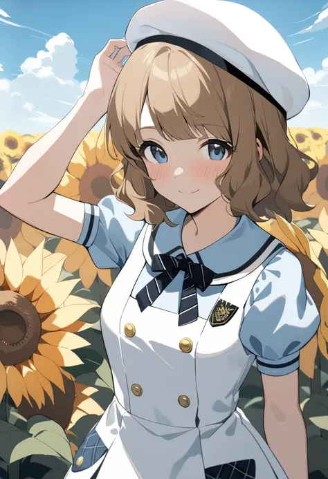 1girl, suou momoko, summer-es, blush, brown hair, black ribbon, blue eyes, eyebrows visible through hair, puffy sleeves, light brown hair, upper body, grey headwear, arm up, medium hair, looking at viewer, short sleeves, cowboy shot, wavy hair, white background, short hair, closed mouth, smile, white dress, sailor dress, blue shirt, collared shirt, sailor collar, puffy short sleeves, beret, white headwear, sailor hat, neck ribbon, black neckwear, striped neckwear, buttons, blue sky, cloud, outdoors, flower field, sunflower , masterpiece, best quality <lora:suou_momoko_sdxl_v1:0.7>