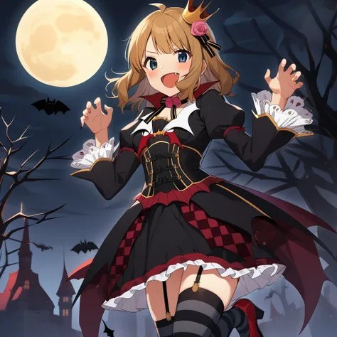 1girl, suou momoko, melty fang, full moon, garter straps, striped legwear, smile, black legwear, red flower, bat, hair ornament, vampire, silk, spider web, fang, blue eyes, night, grey background, brown hair, claw pose, pink flower, :d, castle, black jacket, light brown hair, moon, frilled sleeves, wide sleeves, sky, medium hair, v-shaped eyebrows, night sky, eyebrows visible through hair, standing on one leg, small breasts, short hair, frills, pink rose, blonde hair, thighhighs, black bow, open mouth, looking at viewer, leg up, ahoge, red footwear, blush, standing, red rose, bare tree, shoes, long sleeves, high heels, outdoors, black dress, frilled dress, puffy long sleeves, juliet sleeves, checkered sash, red sash, black corset, striped clothes, mini crown, hair flower, tilted headwear, hair ribbon, black ribbon, striped ribbon, black neckwear, neck ribbon, neck flower, frilled skirt, layerd skirt, black skirt, red skirt <lora:suou_momoko_sdxl_v1:0.7>
