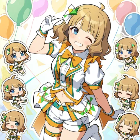 masterpiece, best quality, very aesthetic, absurdres, 1girl, suou momoko, triangle circle, millitheater, smile, one eye closed, idol, ahoge, blue eyes, thighhighs, grin, looking at viewer, idol clothes, boots, short sleeves, blush, navel, short hair, chibi, brown hair, white footwear, hair ornament, multiple views, frills, ball, index finger raised, blonde hair, orange bow, hair bow, thigh strap, white legwear, single thighhigh, puffy sleeves, long hair, standing on one leg, asymmetrical legwear, standing, open mouth, white bow, midriff, closed eyes, pointing, eyebrows visible through hair, uneven legwear, leg up, wavy hair, sitting, orange neckwear, blunt bangs, closed mouth, teeth, white jacket, striped, yellow bow, outline, knee boots, cube, holding, stage, arm up, medium hair, balloon, hand up, white shirt, collared shirt, puffy short sleeves, orange bowtie, green neckwear, yellow neckwear, back bow, hair ribbon, star hair ornament, white shorts, short shorts, white gloves <lora:suou_momoko_sdxl_locon_ani31_v1:0.7>
