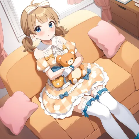 1girl, suou momoko, charmy-angle, looking at viewer, blue bow, frills, striped bow, frilled dress, white thighhighs, white dress, long hair, dress bow, cross-laced clothes, blue eyes, window, puffy short sleeves, detached sleeves, white gloves, short sleeves, :o, couch, twintails, bow legwear, blonde hair, brown hair, bow print, holding, book, blunt bangs, yellow dress, ahoge, plaid dress, book stack, dutch angle, low twintails, on couch, indoors, stuffed animal, white legwear, off shoulder, white bow, hair bow, short twintails, diagonal-striped bow, parted lips, medium hair, blush, neck ribbon, short hair, blue ribbon, curtains, yellow bow, white collar, object hug, bear print, hair ribbon, bare shoulders, eyebrows visible through hair, frilled legwear, detached collar, orange dress, garter straps, teddy bear, stuffed toy, frilled thighhighs, sitting, frilled bow, print skirt, bear shaped bag, puffy sleeves, masterpiece, best quality <lora:suou_momoko_sdxl_v1:0.7>