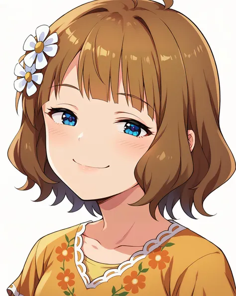 <lora:smug face meme(SDXL):.9> smug, 1girl, (close-up),
<lora:suou_momoko_sdxl_locon_pony_v2:.8> 
suou momoko, casual, ahoge, short hair, blue eyes, eyebrows visible through hair, wavy hair, blunt bangs, yellow dress, print dress, floral print, yellow shirt, layered sleeves, hair ornament, hair flower, white flower, score_9, score_8_up, score_7_up, source_anime,