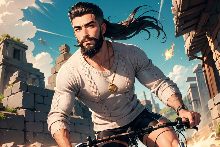 1man Wavy Slick Back Fade Hipster Beard Knit Sweater Cycling shorts Meteor hammer Dragon's Lair with Gold Treasure Hoard and Ancient Relics