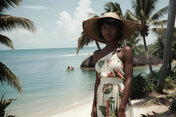 analog film photo Grasnie from Congo, medium (shoulder-length:1.2) grown-out pixie-cut [black:.3] hair, Tropical Island Escape: Maxi dress, floppy hat, and sandals., faded film, desaturated, 35mm photo, grainy, vignette, vintage, Kodachrome, Lomography, stained, highly detailed, found footage