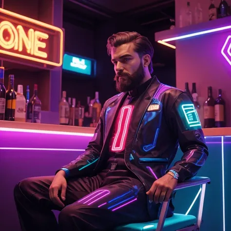 candid shot, Cybernetic bar with augmented reality advertisements and holographic signs, (Honeycomb Softbox) lighting, BREAK adult man sitting with legs apart, arms extended wearing Cyberpunk-inspired rayon suit with neon accents, BREAK  caramel ombre __hair-male2__ and Tapered Beard with Mustache, tired expression,  
(masterpiece, best quality, high quality, highres, ultra-detailed),  <lora:Neonpunkai-8:0.5>  neonpunkai, caustics