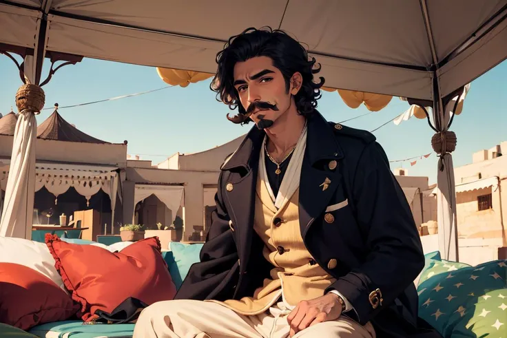 1man Short Curly Hair Dali Mustache with Soul Patch Pea Coat Gaucho pants War pick Arabian Nights Oasis Tent with Silk Drapes and Jewel-Toned Pillows