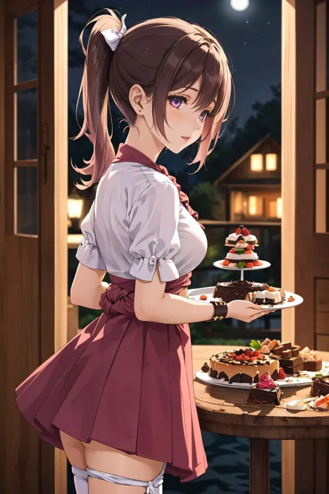 (depth of field:1.4),(blur:1.3),(night:1.4),(dark:1.4),(very detailed:1.4),(high resolution:1.1) BREAK
(Gourmet feast with traditional dishes and delectable desserts.:1.3) BREAK
(Deep Plum Twisted Side Ponytail with Hair Cuff:1.3) BREAK
1girl,(Tanga Panty:1.2)