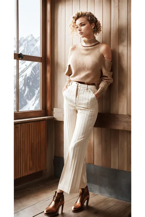 photo anime,masterpiece,high quality,absurdres,Tranquil waterfall in a serene mountain setting,Overhead light with a diffuser for a soft and flattering look (Overhead Diffused Light).,1girl,Sitting on a chair with arms resting on the backrest,(Bronde (Brown + Blonde) Coarse Cold-shoulder knitted sweater with a mock neck.:1.3),(Beige Slatted High-waisted wide-leg trousers with a satin finish.:1.3),(Brown and copper highlights Side-Swept Curls with Hairpin:1.3),Melancholic,cleavage,medium breasts,<lora:epi_noiseoffset2:1.2>,