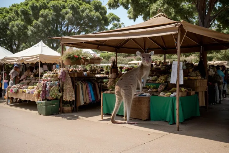 High humidity,(Kangaroo Rat:1.3),Goblin Market Square with Colorful Stalls and Mysterious Merchandise,