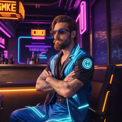 candid shot, Cybernetic bar with augmented reality advertisements and holographic signs, (Honeycomb Softbox) lighting, BREAK adult man sitting with legs apart, arms extended wearing Cyberpunk-inspired rayon suit with neon accents, BREAK  caramel ombre __hair-male2__ and Walrus Mustache with Stubble Beard, drunk expression,  
(masterpiece, best quality, high quality, highres, ultra-detailed),  <lora:Neonpunkai-8:0.5>  neonpunkai, caustics