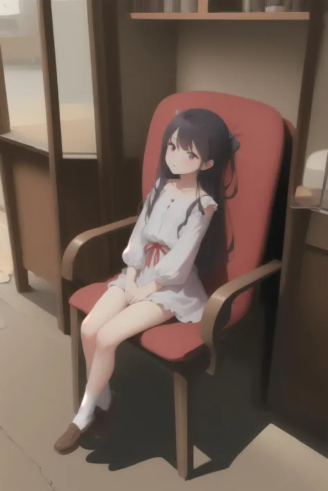 Sitting on a chair with arms resting on the backrest wearing Violet red Smocked tube top with<lora:bi:1>