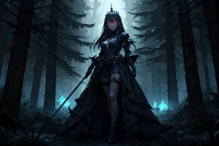 a full body portrait of dark queen,Standing with one hand on a tree or pole,dark fantasy randy theme,mystical,zoomed,Dark theme,(Azure glowing eyes:1.1),long hair,battle dress,dark illustration,8k cinematic effect,