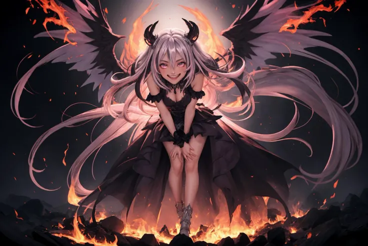 a full body portrait of dark queen,(Rainbow: All colors of the spectrum:1.2),Leaning forward with hands on the knees,dark fantasy randy theme,mystical,zoomed,Dark theme,(Peony glowing eyes:1.1),long hair,battle dress,dark illustration,8k cinematic effect,(eternal Pink and silver two-tone hair flames:1.4),(grin face expression:1.2),