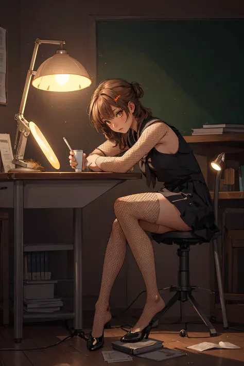 (depth of field:1.5),(full body shot:1.4),(high resolution:1.1) BREAK
(A quiet corner of the school newspaper office, a student hunched over a desk, meticulously editing an article under a deadline pressure lamp's harsh glow.:1.3) BREAK
1girl,Perched on countertop, leaning back on elbows,(Mohawk:1.2),(Light brown eyes:1.3) BREAK
Fishnet Stockings - Black or red, sheer fabric hugging legs, ending just above knees. BREAK