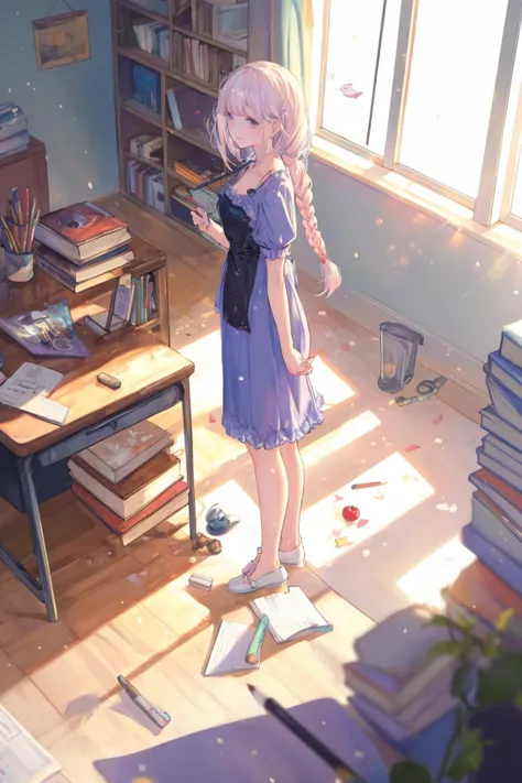 (depth of field:1.5),(full body shot:1.4),(high resolution:1.1) BREAK
(Sunlight streams through the window, illuminating a cluttered desk piled high with papers and textbooks. A half-eaten lunch sits forgotten next to an overflowing pencil case.:1.3) BREAK
1girl,(Dutch Fishtail Braid with Pearl Beads:1.2),(Cherry eyes:1.3) BREAK
Silk Chemise Set BREAK