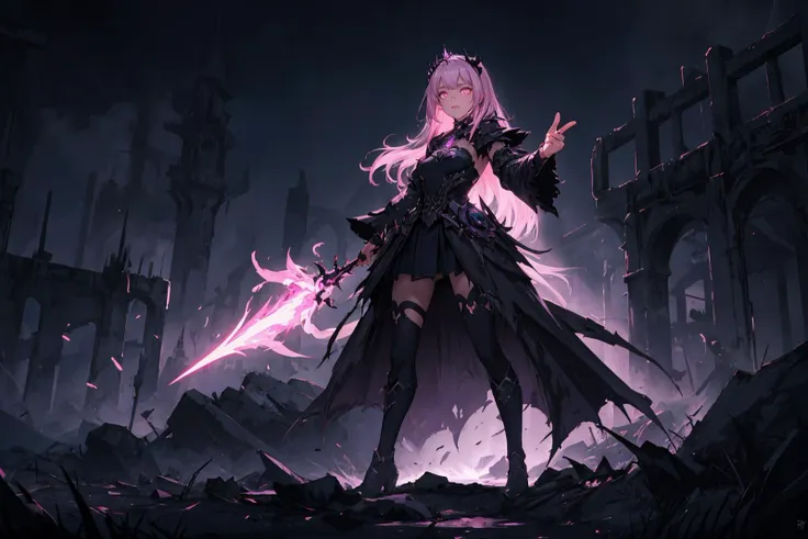 a full body portrait of dark queen,Standing with one arm raised pointing in the distance,dark fantasy randy theme,mystical,zoomed,Dark theme,(Lilac Pink glowing eyes:1.1),long hair,battle dress,dark illustration,8k cinematic effect,