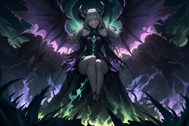 a full body portrait of dark queen,(Cool: Colors with blue, green, and purple hues:1.2),Sitting with legs extended and leaning forward to touch the toes,dark fantasy randy theme,mystical,zoomed,Dark theme,(Mulberry glowing eyes:1.1),long hair,battle dress,dark illustration,8k cinematic effect,(eternal Green and Gray flames:1.4),(grin face expression:1.2),