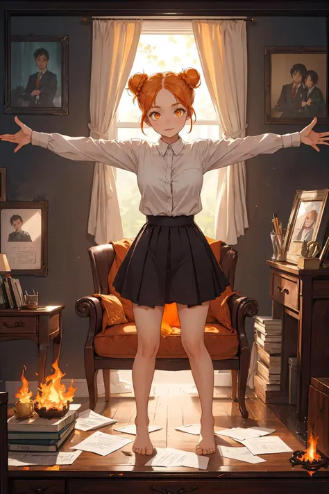 (depth of field:1.5),(full body shot:1.4),(high resolution:1.1) BREAK
(Sunlight falls on a large mahogany desk cluttered with papers. A comfortable-looking armchair faces the desk, and a framed photograph of a family rests on a side table.:1.3) BREAK
1girl,Standing with arms stretched out to sides, feet hip-width apart,(Messy Double Buns:1.2),(Fiery Orange eyes:1.3) BREAK
Desert floral set BREAK