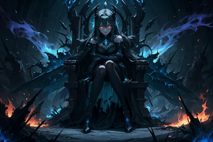 a full body portrait of dark queen,Sitting on a chair with arms resting on the backrest,dark fantasy randy theme,mystical,zoomed,Dark theme,(Balayage (any color combination) glowing eyes:1.1),long hair,battle dress,dark illustration,8k cinematic effect,(eternal Green and Blue flames:1.2),