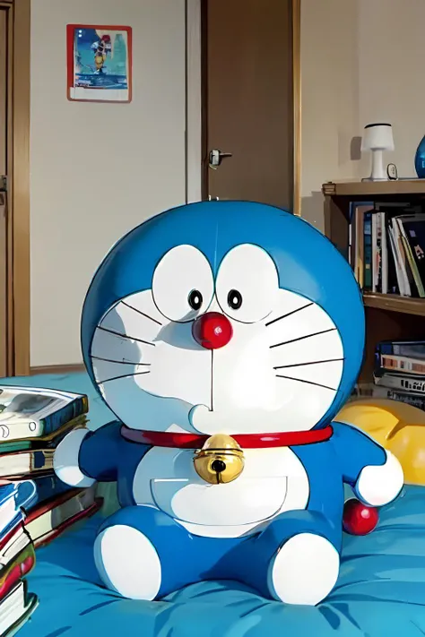 doraemon, solo,neck bell, jingle bell, -whiskers,no humans, full body,masterpiece, best quality, black eyes,bedroom,book,light