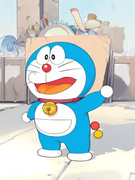 doraemon, blue,neck bell,open mouth, standing, collar, whiskers, full body, no humans, black eyes, jingle bell, masterpiece, best quality, <lora:doraemon-V2:1>