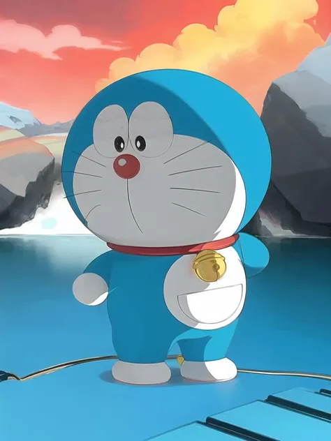 doraemon, blue,white pocket,neck bell, standing, collar, whiskers, male focus, full body, no humans, black eyes, jingle bell, masterpiece, best quality, <lora:doraemon-V2:1>
