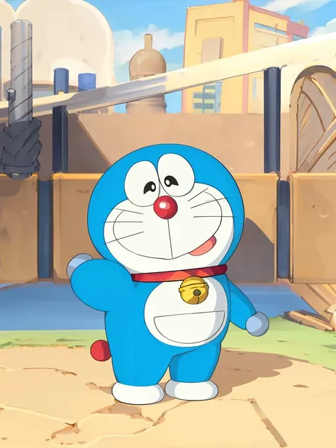 doraemon, blue,neck bell,close mouth, standing, collar, whiskers, male focus, full body, no humans, black eyes, jingle bell, masterpiece, best quality, <lora:doraemon-V2:1>