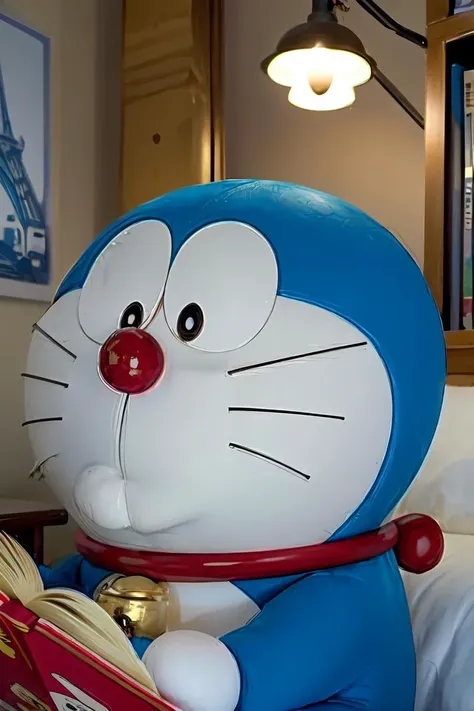doraemon, solo,neck bell, jingle bell, -whiskers,no humans,masterpiece, best quality, black eyes,bedroom,book,light
