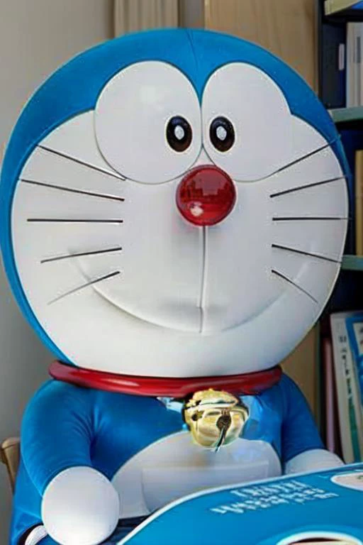 doraemon, solo,neck bell, jingle bell, -whiskers,no humans,masterpiece, best quality, black eyes,bedroom,book,light