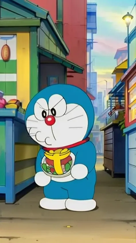 masterpiece,best quality,doraemon,<lora:doraemon-5:1>,1boy,city,market stall,rim light,metallic luster,in spring,close-up,
