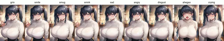score_9, score_8_up, score_7_up, source_anime, 1girl,blue eyes,twintails, black hair, turtleneck sweater, white sweater, black skirt, grin,looking at viewer, from front, bedroom, standing, huge breasts <lora:Zen-Hirasawa-Style-PonyXL-Dora:1>