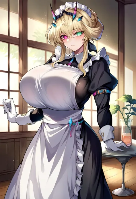 score_9, score_8_up, score_7_up, source_anime BREAK 1girl, solo, looking at viewer, cowboy shot,  <lora:Barghest_Sdxl:0.9>, Barghest_Maid, platinum blonde hair, twin braids, short hair, sidelocks, hair up, hair bun, heterochromia, glowing eyes, maid headdress, frilled dress, pleated dress, juliet sleeves, maid apron, collar, black skirt, long skirt, white gloves, huge breasts, curvy, indoors, vila, marble floor, glass table, day, window,  <lora:Zen-Hirasawa-Style-PonyXL-Dora:1>