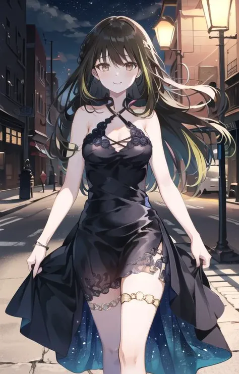 (SFW), masterpiece, best quality, highres 64k, professional artwork, famous artwork, clean, cinematic lighting, beautiful eyes + detail, beautiful hair + detail, multicoloured hair, (sexy young female body:1.4), ( medium breasts, lactation), happy:1.2, smile, sexy looking at the viewer, floating hair, 1girl, solo, (M4a1Dress), makeup, black hair, long hair, earphones, brown eyes, beautiful black dress,
outdoors, at night, walking, on the street, (in love), , <lyco:GoodHands-beta2:0.6> <lora:M4A1:0.9>, nipples show through,