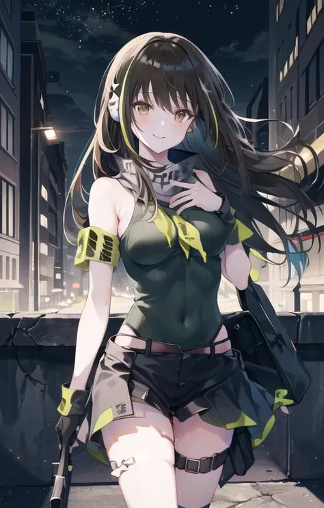 (SFW), masterpiece, best quality, highres 64k, professional artwork, famous artwork, clean, cinematic lighting, beautiful eyes + detail, beautiful hair + detail, multicoloured hair, (sexy young female body:1.4), ( medium breasts, lactation), happy:1.2, smile, sexy looking at the viewer, floating hair, 1girl, solo, (M4a1Mod ), makeup, neckerchief, ArmyGreen leotard sweater, black hair, long hair, earphones, brown eyes, [[black Skirt]],mechanical arms, 
outdoors, at night, walking, on the street,   (in love),  ,  <lyco:GoodHands-beta2:0.6> <lora:M4A1:0.9>, nipples show through,