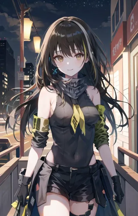 (SFW), masterpiece, best quality, highres 64k, professional artwork, famous artwork, clean, cinematic lighting, beautiful eyes + detail, beautiful hair + detail, multicoloured hair, (sexy young female body:1.4), ( medium breasts, lactation), happy:1.2, smile, sexy looking at the viewer, floating hair, 1girl, solo, (M4a1Mod ), makeup, neckerchief,  leotard sweater, black hair, long hair, earphones, brown eyes, [[black Skirt]],mechanical arm
outdoors, at night, walking, on the street,   (in love),  ,  <lyco:GoodHands-beta2:0.6> <lora:M4A1:1>, nipples show through,