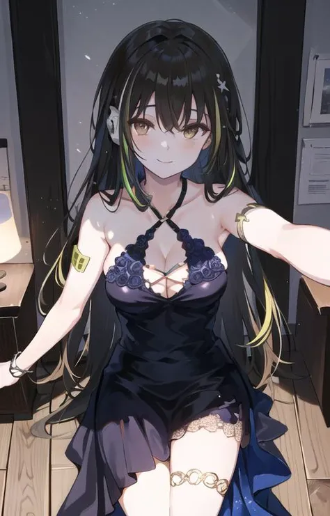 (SFW), masterpiece, best quality, highres 64k, professional artwork, famous artwork, clean, cinematic lighting, beautiful eyes + detail, beautiful hair + detail, multicoloured hair, (sexy young female body:1.4), ( medium breast, lactation), happy:1.2, sexy smile, sexy looking at the viewer, floating hair, 1girl, solo, (M4a1Dress), makeup, black hair, very long hair, earphones, brown eyes, see-through black dress,
indoors, at night, home, sexy pose, (in love), from above, <lyco:GoodHands-beta2:0.6> <lora:M4A1:0.9>, nipples show through,