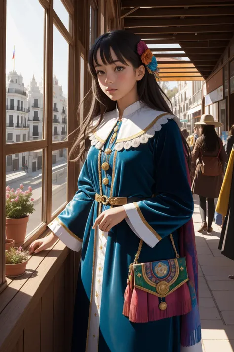 1girl, colorful Painting, highly detailed, landscape of a Melancholy Velvet ([Leptis Magna:Madrid:3]:1.3) from inside of a Market, dense woods and X-ray binary in background, Hazy conditions, Peaceful, Cartelcore, Sun Rays, Selective focus, Autochrome, concept art, glimmering transformation, UHD, Highres, rich colors, tranquil