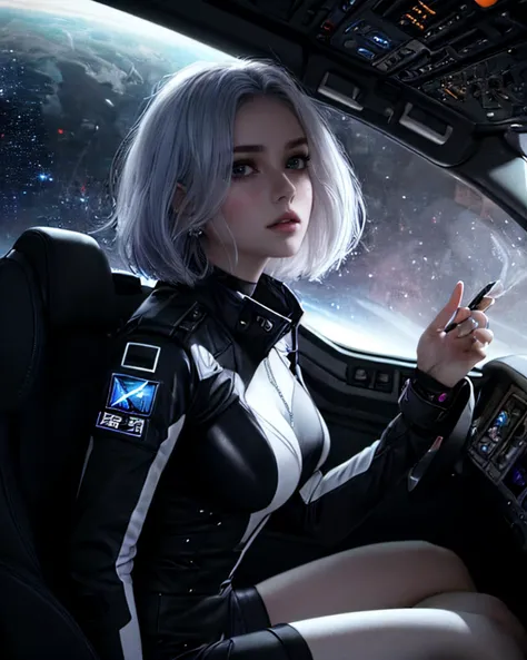 (cinematic still, chiaroscuro:1.2),[[[OverallDetail]]],dynamic pose,fFaceDetail,HairDetail,EyeDetail, (beautiful busty skinny british woman sitting in spaceship cockpit looking over shoulder at viewer:1.2), (cute face, over the shoulder:1.1), (movie still:1.1), side view, (spaceship cockpit:1.1), glowing holographic instruments, (beautiful face:1.11), from behind, smart fabric flight-suit:1.1, lightweight structured jacket with sharp geometric lines, utility belt, knee-high boots, finger-less gloves, (large spaceship cockpit with highly polished flooring and stellar view), backlit hair, perfect face, feminine physique, (pale freckles:0.6), (black and silver accents), perfect eyes, low key, joystick++, thin pouting lips, (white++ slashed-bob hair, ombre tips:1.4), wide set soft+ turquoise++ eyes, skin pores, (small retrousse nose:1.2), (pale skin), supernova, dramatic angle, eyelid shimmer makeup, silver eye-shadow, iridescent cheekbones, muted rose lips, deep space blue, (available light:0.7), BREAK, starlight silver, nebula pink, black hole black, planetary rings, asteroid clusters, geometric shapes, angular contours, Holographic control panels, chiaroscuro effects, reflective surfaces, star-filled skies, distant galaxies, shimmering surfaces, iridescent sci-fi materials, clean lines, modernistic details, bladerunner style,  fcPortrait, F1 style flight yoke