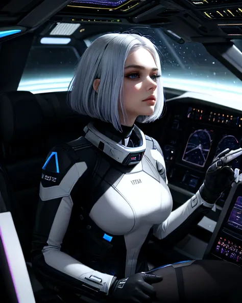 (cinematic still, chiaroscuro:1.2),[[[OverallDetail]]],dynamic pose,fFaceDetail,HairDetail,EyeDetail, (beautiful busty skinny british woman sitting in spaceship cockpit looking over shoulder at viewer:1.2), (cute face, over the shoulder:1.1), (movie still:1.1), side view, (spaceship cockpit:1.1), glowing holographic instruments, (beautiful face:1.11), from behind, smart fabric flight-suit:1.1, lightweight structured jacket with sharp geometric lines, utility belt, knee-high boots, finger-less gloves, (large spaceship cockpit with highly polished flooring and stellar view), backlit hair, perfect face, feminine physique, (pale freckles:0.6), (black and silver accents), perfect eyes, low key, joystick++, thin pouting lips, (white++ slashed-bob hair, ombre tips:1.4), wide set soft+ turquoise++ eyes, skin pores, (small retrousse nose:1.2), (pale skin), supernova, dramatic angle, eyelid shimmer makeup, silver eye-shadow, iridescent cheekbones, muted rose lips, deep space blue, (available light:0.7), BREAK, starlight silver, nebula pink, black hole black, planetary rings, asteroid clusters, geometric shapes, angular contours, Holographic control panels, chiaroscuro effects, reflective surfaces, star-filled skies, distant galaxies, shimmering surfaces, iridescent sci-fi materials, clean lines, modernistic details, bladerunner style,  fcPortrait, F1 style flight yoke
