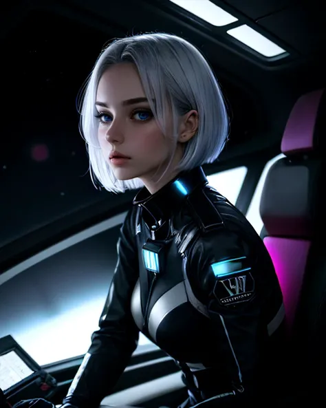 (cinematic still, chiaroscuro:1.2),[[[OverallDetail]]],dynamic pose,fFaceDetail,HairDetail,EyeDetail, (beautiful busty skinny british woman sitting in spaceship cockpit looking over shoulder at viewer:1.2), (cute face, over the shoulder:1.1), (movie still:1.1), side view, (spaceship cockpit:1.1), glowing holographic instruments, (beautiful face:1.11), from behind, smart fabric flight-suit:1.1, lightweight structured jacket with sharp geometric lines, utility belt, knee-high boots, finger-less gloves, (large spaceship cockpit with highly polished flooring and stellar view), backlit hair, perfect face, feminine physique, (pale freckles:0.6), (black and silver accents), perfect eyes, low key, joystick++, thin pouting lips, (white++ slashed-bob hair, ombre tips:1.4), wide set soft+ turquoise++ eyes, skin pores, (small retrousse nose:1.2), (pale skin), supernova, dramatic angle, eyelid shimmer makeup, silver eye-shadow, iridescent cheekbones, muted rose lips, deep space blue, (available light:0.7), BREAK, starlight silver, nebula pink, black hole black, planetary rings, asteroid clusters, geometric shapes, angular contours, Holographic control panels, chiaroscuro effects, reflective surfaces, star-filled skies, distant galaxies, shimmering surfaces, iridescent sci-fi materials, clean lines, modernistic details, bladerunner style,  fcPortrait, F1 style flight yoke