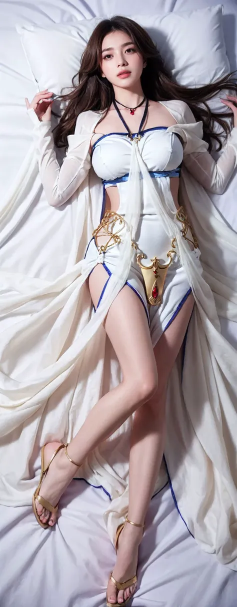 masterpiece, best quality, highres,
<lora:sword_maiden:1>, sword_maiden, long hair, large breasts, dress, white dress, habit, jewelry, very long hair, necklace, bridal gauntlets, detached sleeves, gloves,
bedroom, on bed,
1girl, looking at viewer, (lying, on back:1.3), from above, full body, (Masterpiece:1.2), (Best Quality), (perfect face), full body portrait, perfect skin, (detailed body:1.3), (detailed face:1.2), (rendered eyes:1.3),