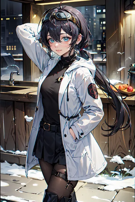 <lora:houkisei-style_168512:0.8>, ultra detailed, masterpiece, best quality, aesthetic, detailed,, solo, soft smile, light smile, 1girl, aqua eyes, black hair, <lora:low_ponytail-1.0:0.95> low ponytail, ahoge, absurdly long hair, very long hair, hair flaps, hair between eyes, bangs, messy hair, small breasts, (goggles on head:1.2),, hooded coat, open coat, turtleneck, pants, black knee boots, multiple straps, white coat, layered clothes, hair ribbon, pants under skirt,